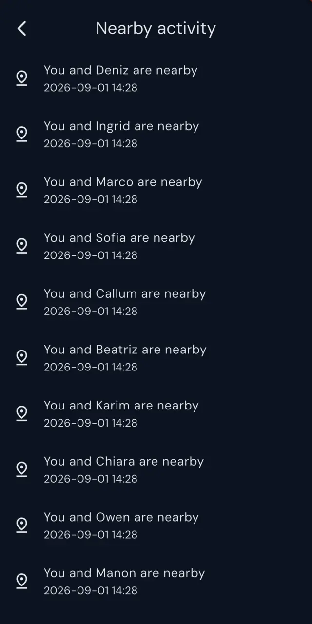 A Nearby activity list showing entries such as &ldquo;You and Deniz are nearby&rdquo;, each with a date.