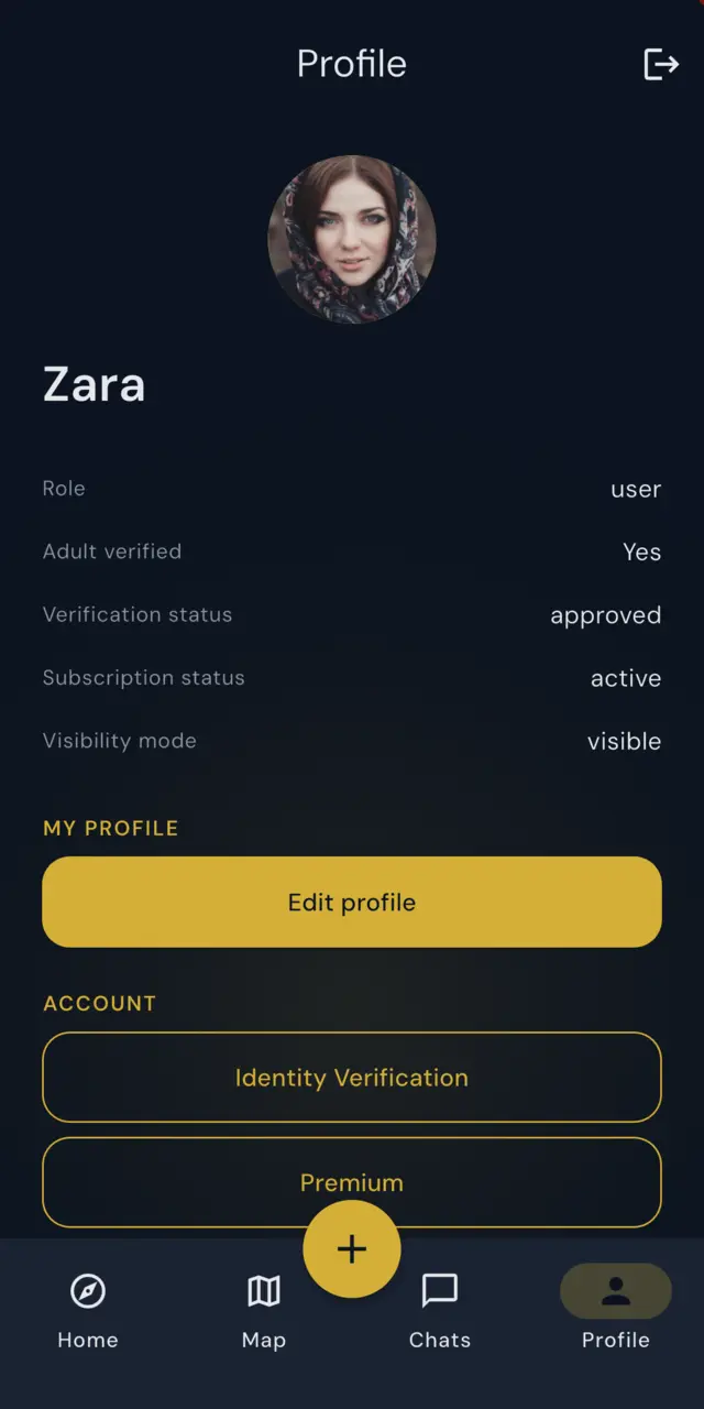 A profile screen showing adult verified: Yes and verification status: approved, alongside visibility settings.
